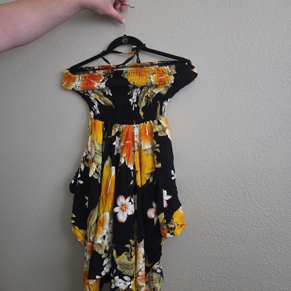 (OS) Hawaii Black Floral Strapless / Halter Dress with Yellow & Orange Blossoms